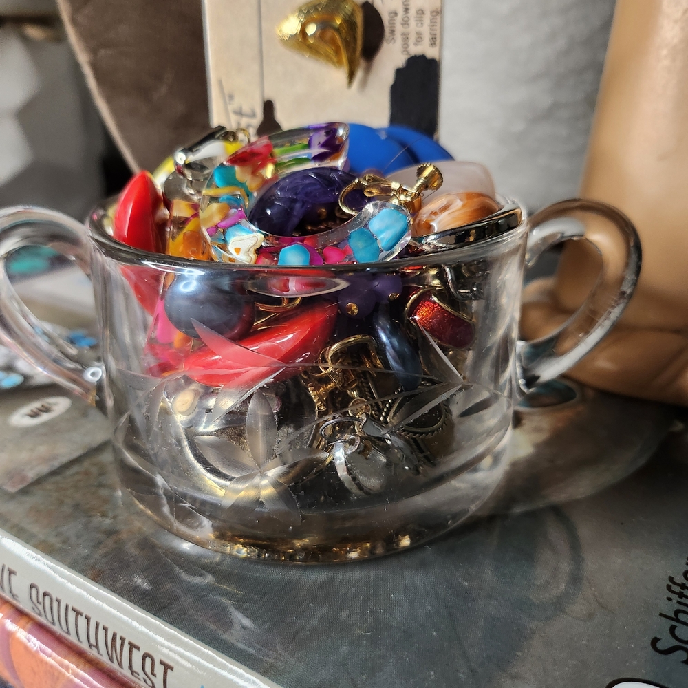 Colorful Costume Cip On Earring Assortment in Clear Vintage Glass Cup